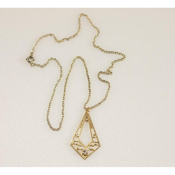 Gold-Tone Geometric Filigree Pendant Necklace with White Crystal 17" Chain - Picture 1 of 7